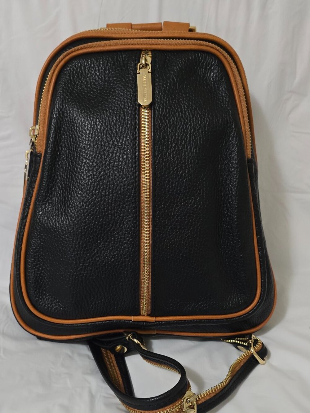 Valentina Made In Italy Black Tan Pebbled Leather Dome Backpack Shoulder Bag
